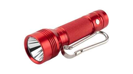Close up of a vibrant red led flashlight with a silver carabiner clip resting on a clean white surface, ideal for everyday carry, camping, and outdoor adventures