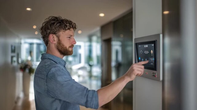 Installer adjusting video intercom monitor inside a modern apartment focusing on screen clarity and user interface features.