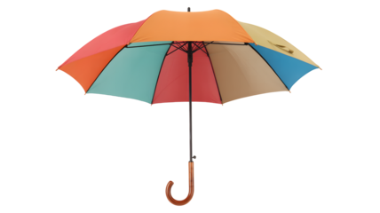 Vibrant multicolored umbrella open, radiating cheer against a clean white background, perfect for brightening any rainy day themed graphic design project