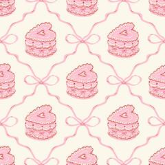 Cute seamless pattern with hand drawn ribbons and bows, heart shaped cakes. Coquette vintage print. Preppy girly background for Valentine's day, wedding, birthday, wrapping paper.