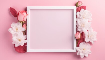 White frame mockup. Empty frame with pastel coloured flowers on pink background. Flat lay, copy space.