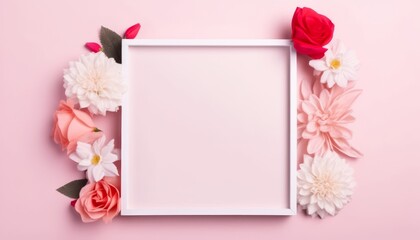 White frame mockup. Empty frame with pastel coloured flowers on pink background. Flat lay, copy space.