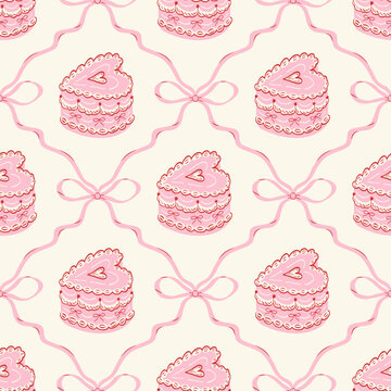 Cute seamless pattern with hand drawn ribbons and bows, heart shaped cakes. Coquette vintage print. Preppy girly background for Valentine's day, wedding, birthday, wrapping paper.