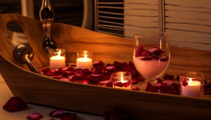 Wooden tray with wine, burning candles and rose petals on tub in bathroom. Valentine's day celebration