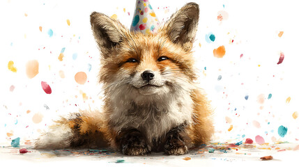 Naklejka premium Cute fox wearing a party hat celebrating with colorful confetti