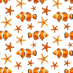 Orange clownfish and starfish, seamless watercolor pattern on a white background. Nautical themed. Hand-drawn illustration. Marine wildlife.