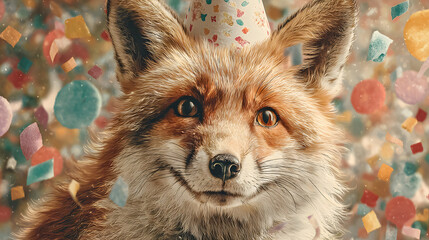 Naklejka premium Cute fox wearing a party hat celebrating with colorful confetti