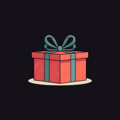 Red Gift Box with Blue Ribbon and Bow Illustration on Dark Background