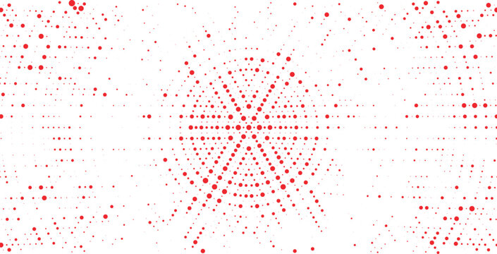 Red halftone radial grid burst for creative posters, modern branding, digital layouts, abstract graphic design vector illustration