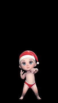 Cute Santa baby dancing with a hat isolated with copy space . Seamless funny Christmas vertical video.
