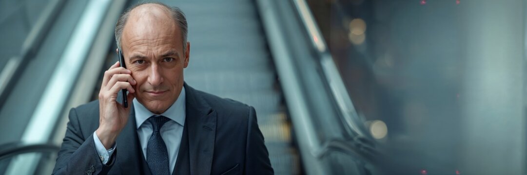Older businessman speaking on phone in corporate glass elevator