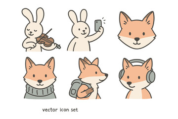 Obraz premium Adorable animal icons: bunnies and foxes with cute expressions and accessories
