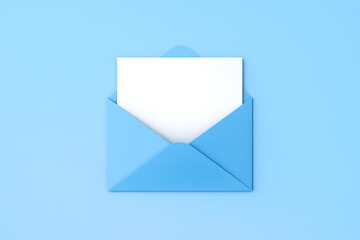 Blue envelope with a blank white card isolated on a blue background providing a clean aesthetic for greetings invitations and professional corporate branding stationery mockup