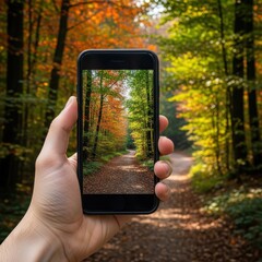 A close-up view of a hand holding a smartphone capturing the vibrant autumn transition on a forest path