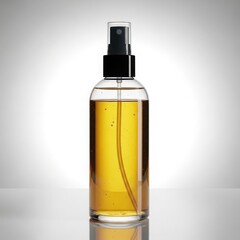 Clear glass spray bottle containing golden yellow liquid, set on a reflective surface in a studio setting