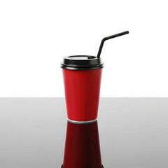 A bright red paper cup with black lid and straw for coffee or cold drinks isolated on a reflective surface