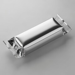 A close-up studio shot of a blank silver metallic foil package for a snack bar, isolated on a clean gray background
