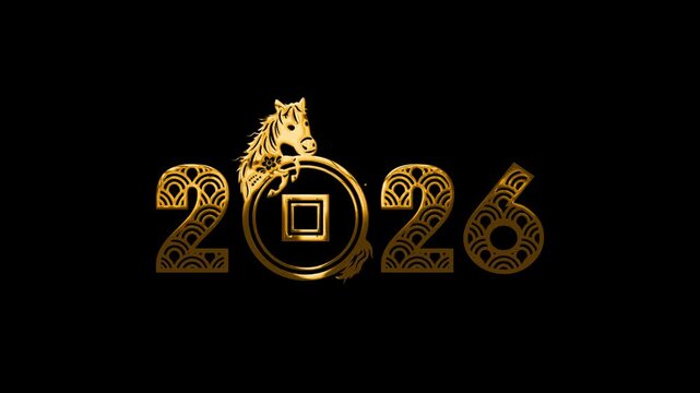 Golden year 2026 chinese zodiac horse symbol with ancient coin on black background