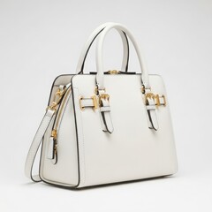 A modern and elegant white structured handbag featuring contrasting black trim and gold-tone hardware