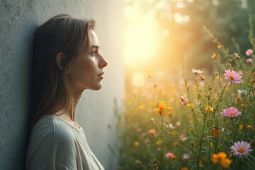 Woman Finding Hope and New Perspective by Looking from Grey Wall to Colorful Nature - AI generated