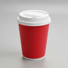 Bright red disposable coffee cup with white lid for hot drinks on a light grey studio background