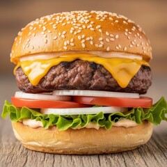 A perfectly stacked, juicy hamburger with melted cheese, fresh vegetables, and a sesame seed bun on a rustic wooden table
