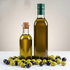 A studio shot showing two glass bottles of extra virgin olive oil next to green and black olives