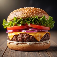 A perfectly composed close-up shot of a classic cheeseburger with fresh lettuce, tomato, and onion on a wooden surface