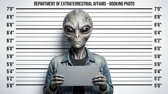 Extraterrestrial figure in booking photo lineup holding identification placard. Panning camera movement across height measurement scale.