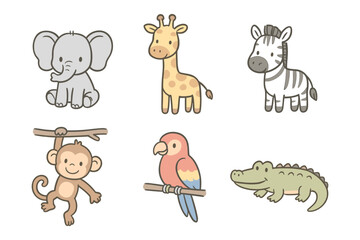 Fototapeta premium Cute jungle animals collection: baby elephant, giraffe, zebra, monkey, parrot, crocodile