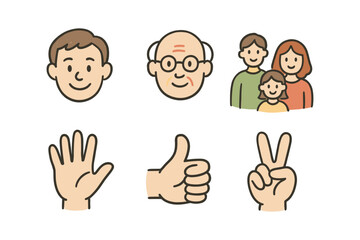Cartoon family and hand gesture icons in a minimalist style