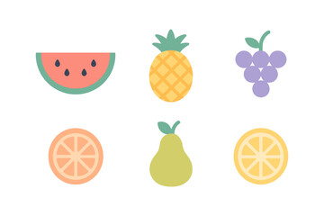 Colorful flat style fruit icons featuring pineapple, watermelon, and grapes