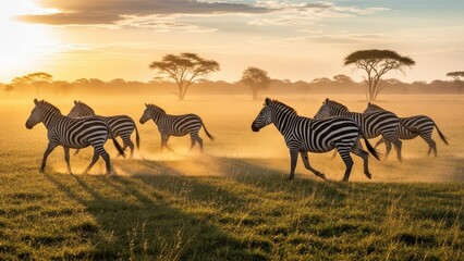 Obraz premium Zebras grazing in african savanna at sunrise with breathtaking landscape and acacia trees