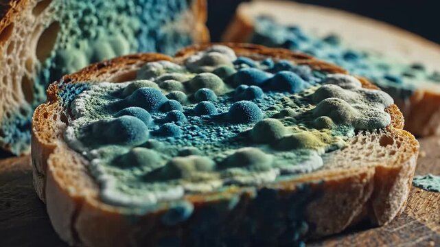 Mold develops on slices of bread with vibrant blue and green colors. Close-up view shows texture and detail on wooden cutting board. Concept of food science, microbiology, health
