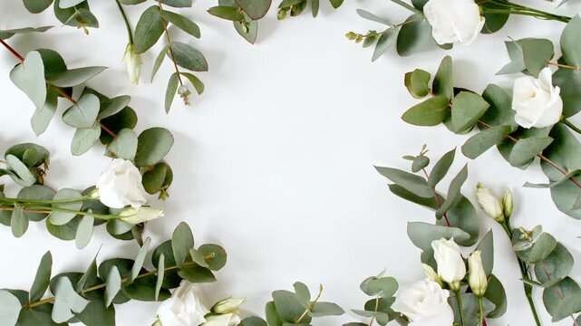 Fresh Eucalyptus plant leaves close up. Beautifully Eucalyptus laid out on white background with flowers. Eucalyptus extract, aromatic essential oil. Natural cosmetics for hair and skin care. 4k