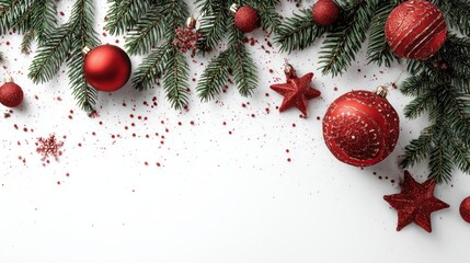 Christmas red decorations and fir tree branches on white background