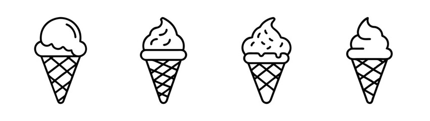 A collection of four ice cream cone line art icons depicting different styles of frozen dessert