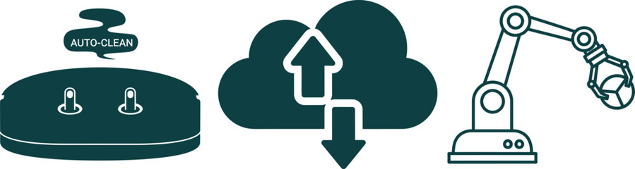 Obraz premium Auto- Clean Device Cloud Data Transfer and Robotic Arm Icons on White Background auto clean