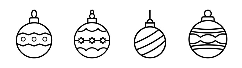 A collection of four black and white line icons representing different christmas ornaments