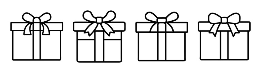 A set of four simple black and white outline gift boxes with bows