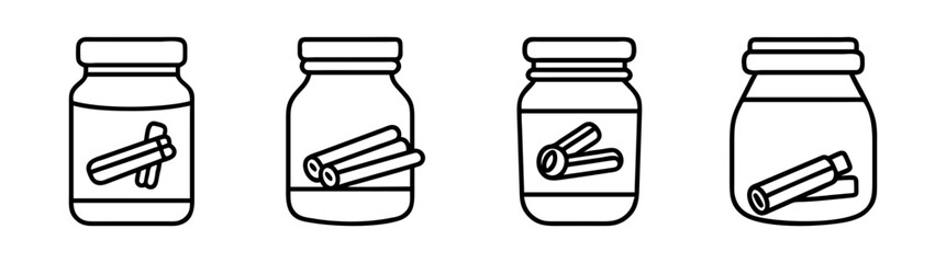 Four black outline icons illustrating different glass jars filled with cinnamon sticks, perfect for spice and food themes