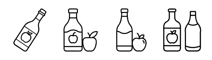 A set of minimalist line icons depicting apple cider bottles and fresh apples