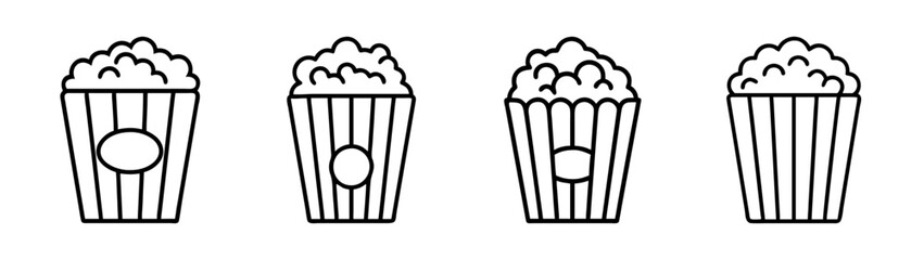 A set of four simple black and white line icons representing popcorn buckets for cinema