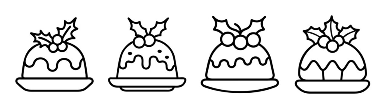 Set of four simple black and white line icons representing christmas pudding