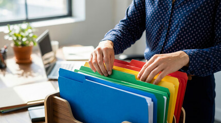 Organizing documents in an office setting during daytime with colorful file folders on a desk