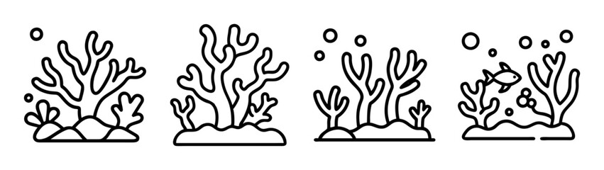 A collection of four black and white line icons representing underwater coral and marine life
