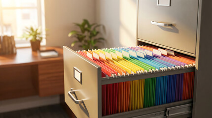 In a contemporary office environment, a cabinet is brimming with vibrant folders, beautifully illuminated by the warm afternoon light streaming in