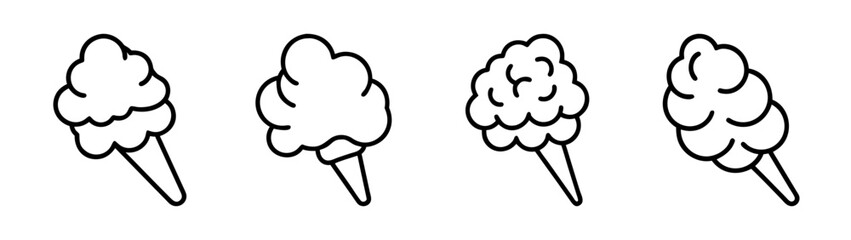 A collection of four black and white line art icons depicting different variations of cotton candy on a stick.