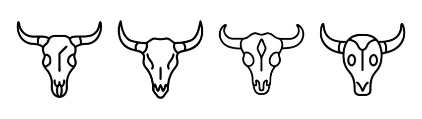 A set of four different stylized outline icons representing bull skulls with horns