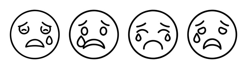 A collection of four simple line art icons representing sadness and crying emotion
